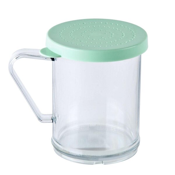 A clear Tablecraft polycarbonate shaker with a green lid.