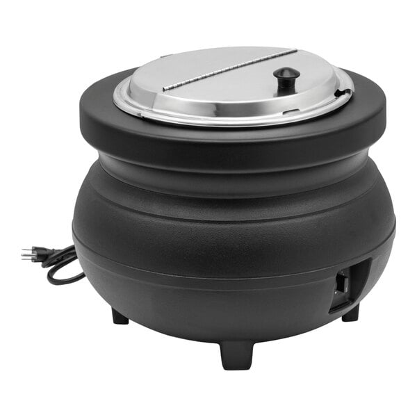 A black, round electric soup kettle with a stainless steel lid and a power cord.