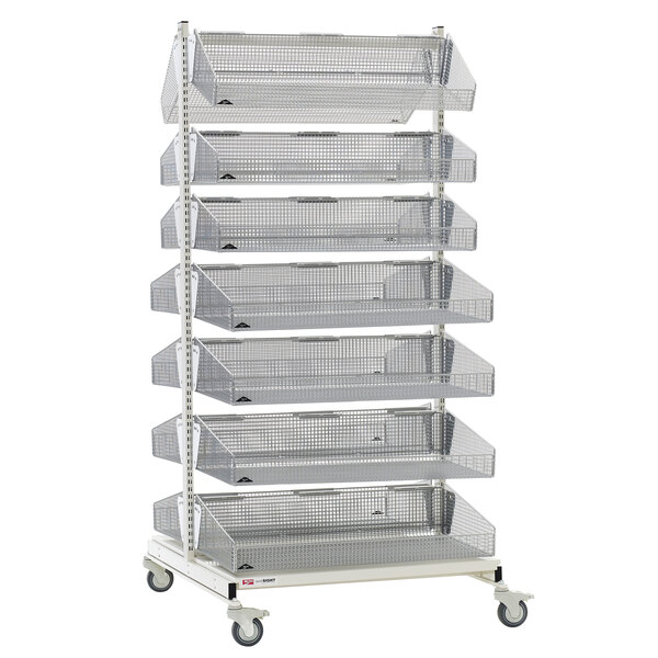 A Metro qwikSIGHT double-sided metal rack with seven levels of metal baskets on wheels.