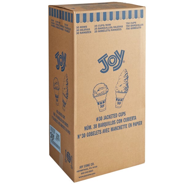 A brown cardboard box with blue and white text that reads "JOY #30 Flat Bottom Jacketed Cake Cone"