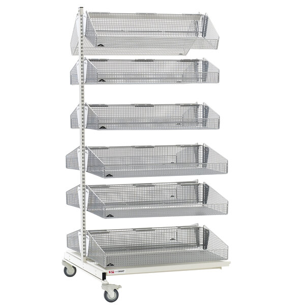 A white metal Metro qwikSIGHT basket supply cart with six shelves on wheels.