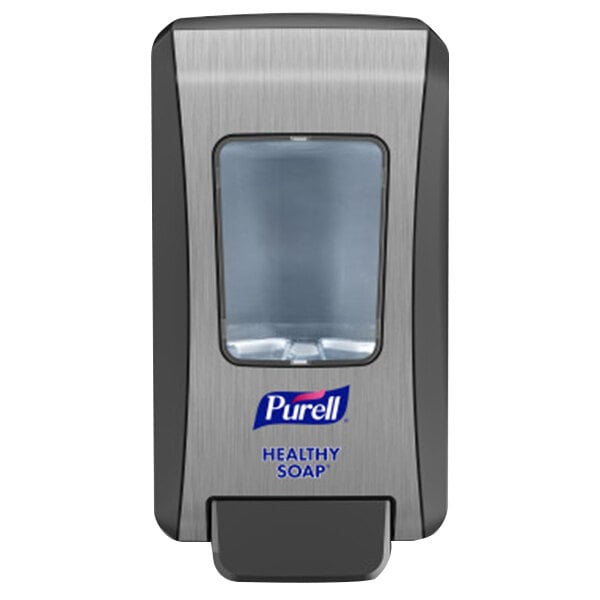 A grey and black Purell Healthy Soap FMX-20 manual soap dispenser with a white logo.