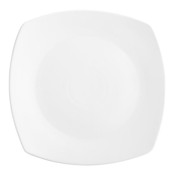 An Acopa bright white square porcelain coupe plate with a square shape and rounded edges.