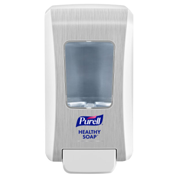 A white rectangular Purell Healthy Soap dispenser with a clear window.