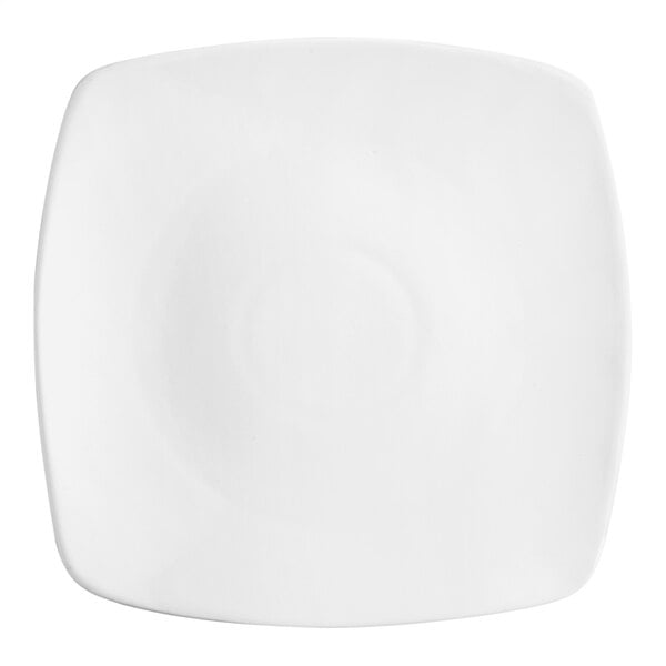 An Acopa bright white square porcelain coupe plate with a circular edge.