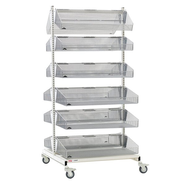 A white Metro qwikSIGHT double-sided basket supply cart with six levels of metal shelves on wheels.