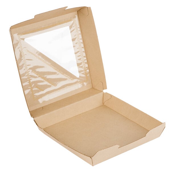 A Bagcraft Eco-Flute corrugated take-out box with a clear window.