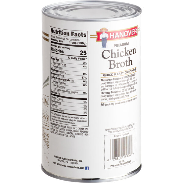 A close-up of a Hanover 49 oz. can of chicken broth.