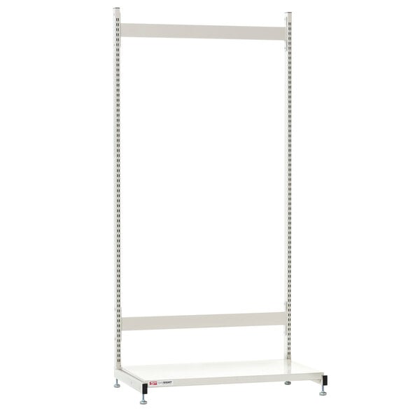 A white rectangular Metro qwikSIGHT basket supply unit with shelves on it.