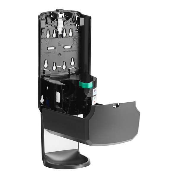 A black Purell automatic hand sanitizer dispenser with a green lid.