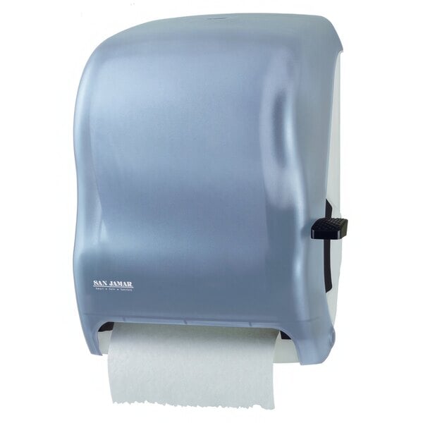 A close-up of a San Jamar Arctic Blue paper towel dispenser.