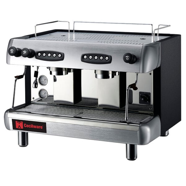 A silver and black Grindmaster espresso machine with two coffee machines.