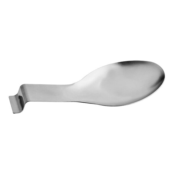A stainless steel spoon rest with a flat handle and a curved end.