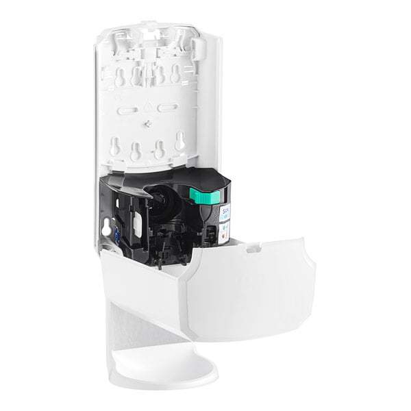 A white Purell automatic hand sanitizer dispenser with a black and green lid.