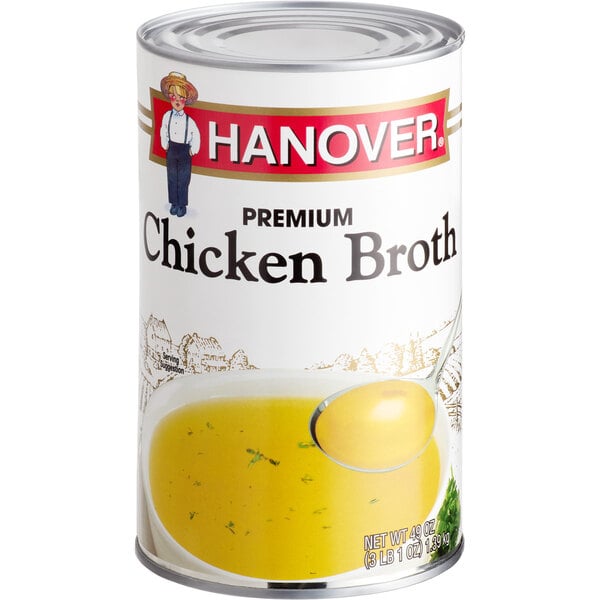 A Hanover 49 oz. can of chicken broth.