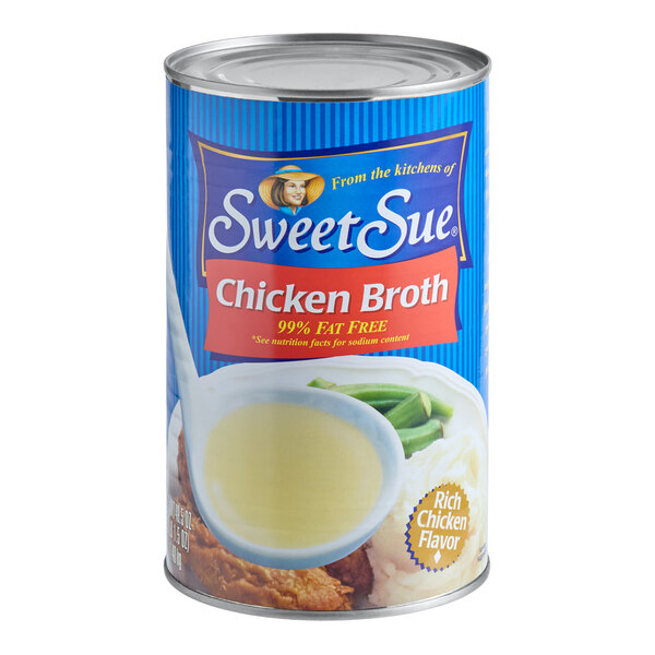 A can of Sweet Sue Premium Chicken Broth, 49.5 ounces.