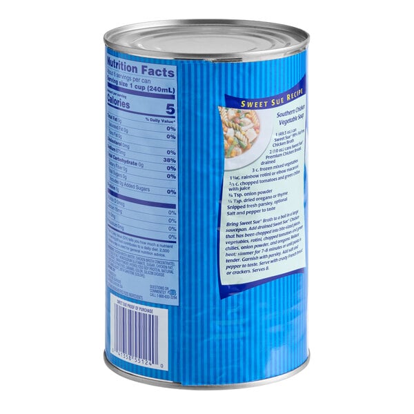 A large can of Sweet Sue Premium Chicken Broth with a blue label.
