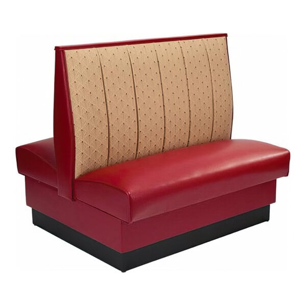 A red and beige upholstered booth seat with a high back and channel stitching detail.