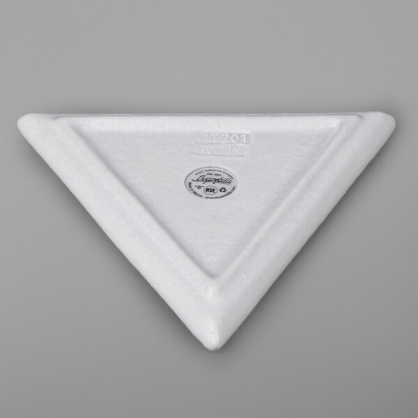 A white G.E.T. Enterprises triangle platter with a Bugambilia logo.