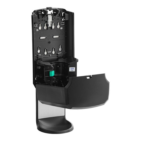 A black Purell automatic hand sanitizer dispenser with a green button and a lid open.