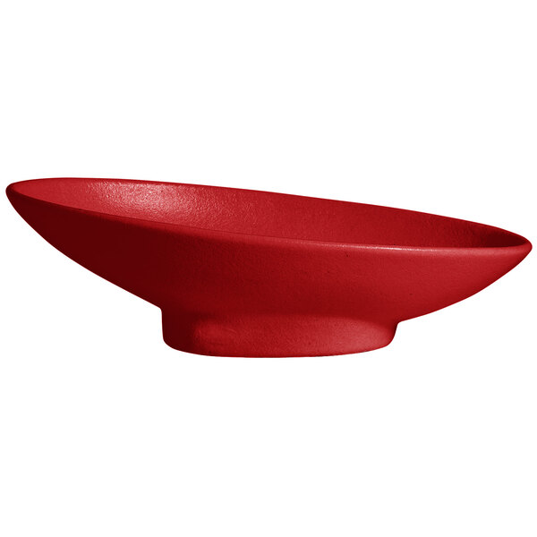 A cranberry red G.E.T. Enterprises metal bowl with a textured finish.