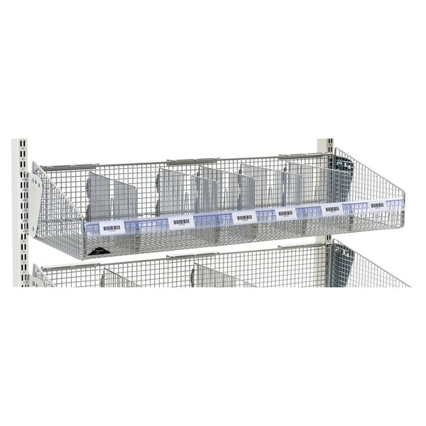 A wire shelf with a clear label holder attached to it.