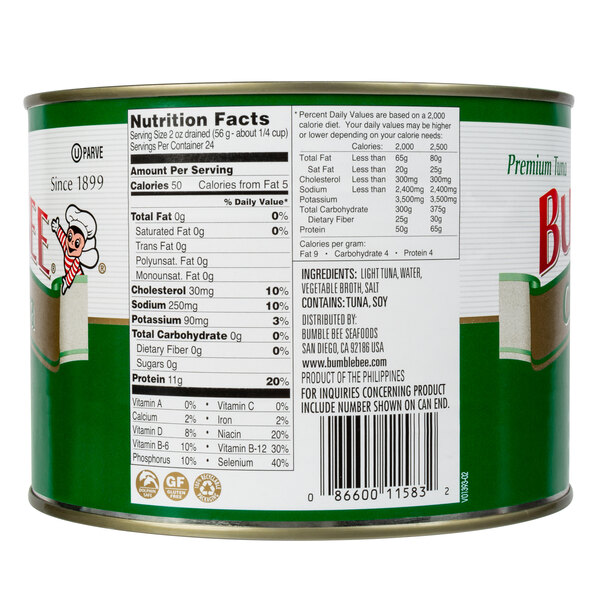 A large can of Bumble Bee chunk light tuna in water.