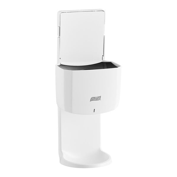 A white Purell ES8 automatic hand sanitizer dispenser with a black lid open.