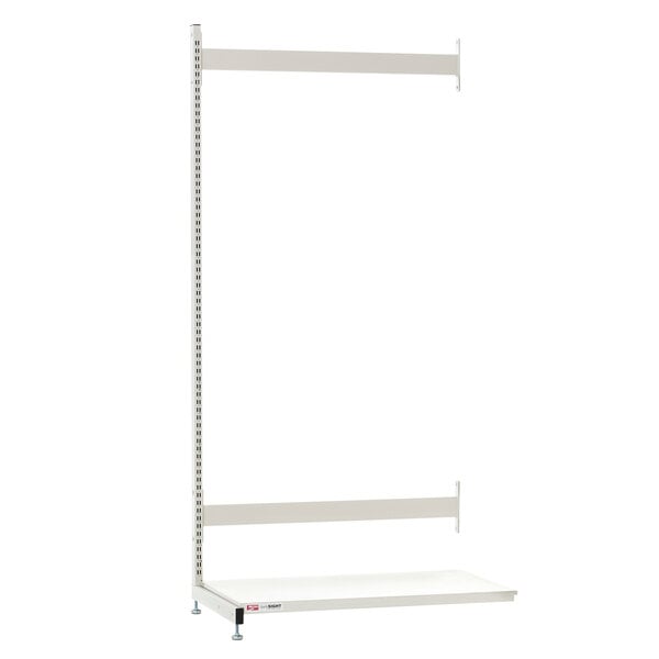 A white rectangular Metro qwikSIGHT basket supply shelf with a metal shelf on it.