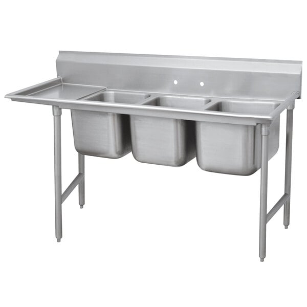 An Advance Tabco stainless steel three compartment sink with a left drainboard.