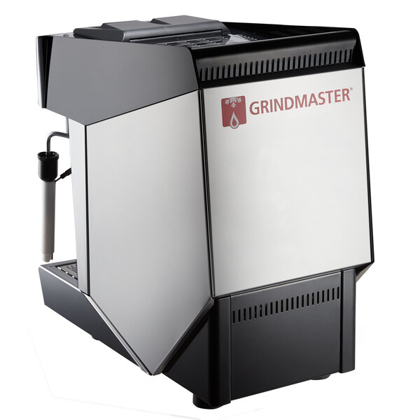 A black and silver Grindmaster espresso machine with a logo on it.
