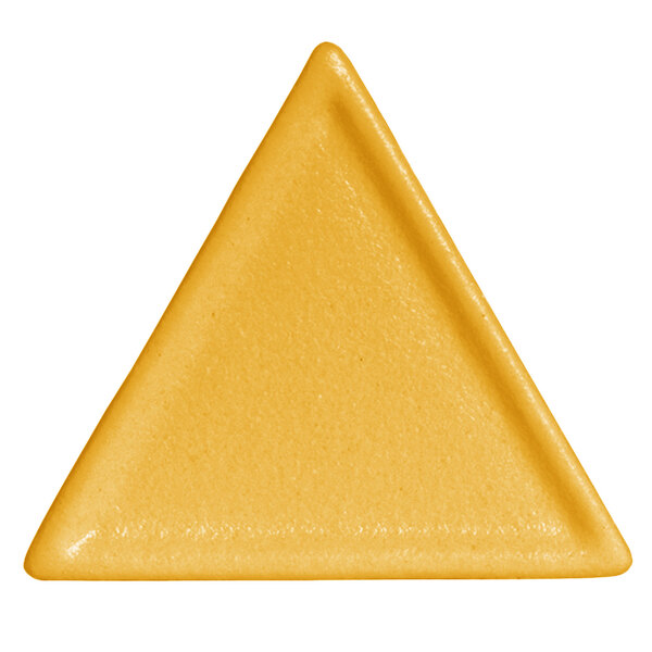 A yellow triangle-shaped G.E.T. Enterprises Buffet Platter with a smooth finish.