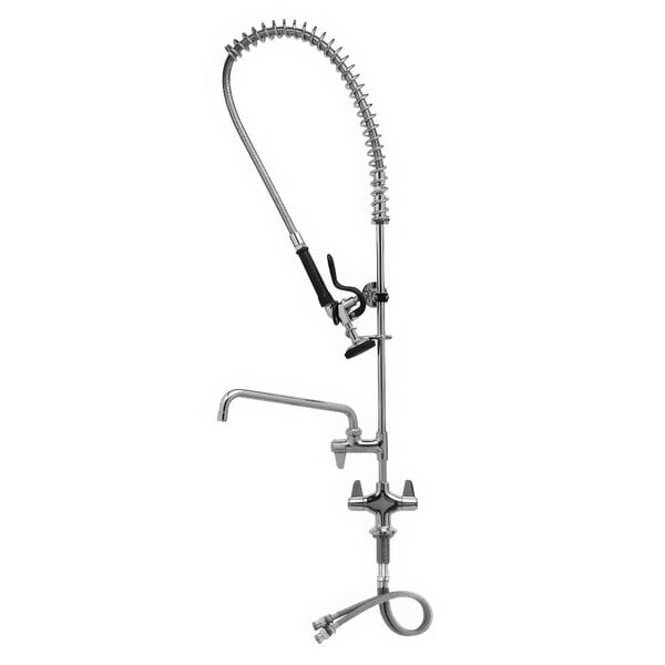 A chrome Equip by T&S pre-rinse faucet with a hose.