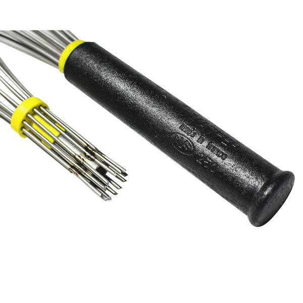 A black metal tube with silver and yellow metal wires and a yellow handle.