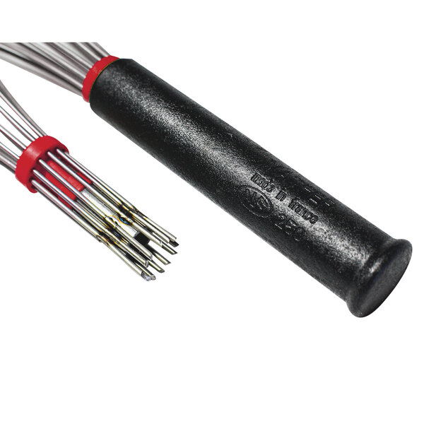 A close-up of a stainless steel whisk with a black tube and silver and red wires.