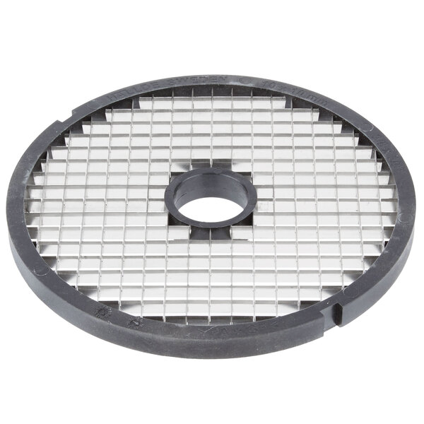 A circular metal grid with a hole.