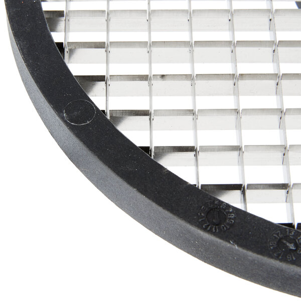 A close up of a Berkel 3/8" metal grid with a black and silver metal frame.