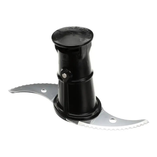 A black and silver serrated knife unit with a blade on top.