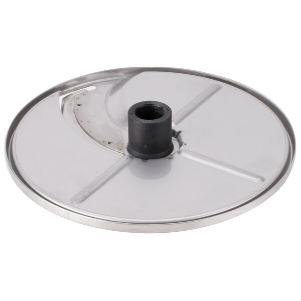 A silver metal Berkel slicing plate with a black rubber handle.