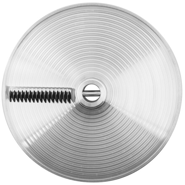 A circular metal crimping plate with a screw.
