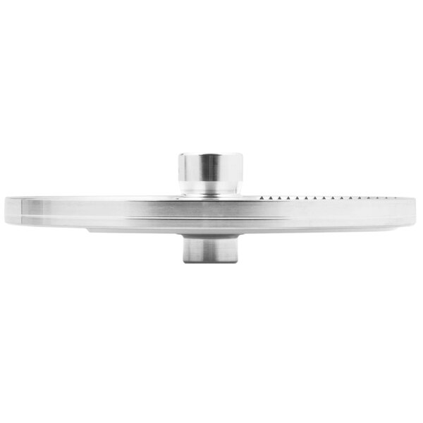 A silver circular Berkel crimping plate with a round center.