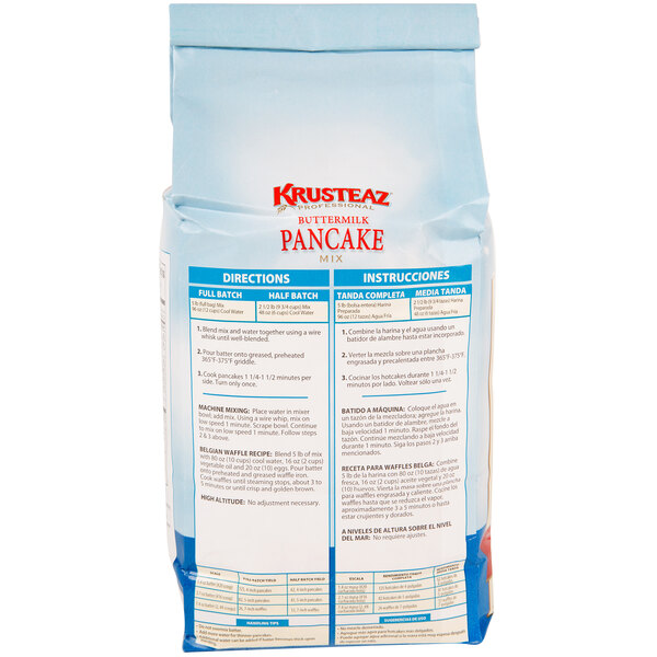 A white bag of Krusteaz Professional Buttermilk Pancake Mix with text.