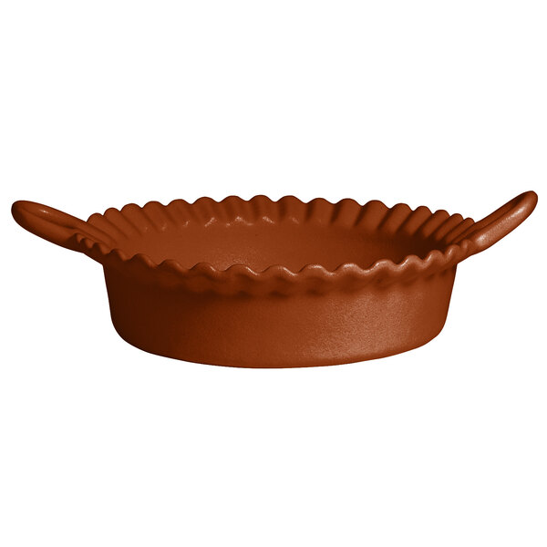 A brown G.E.T. Enterprises brick resin-coated aluminum bowl with a handle.