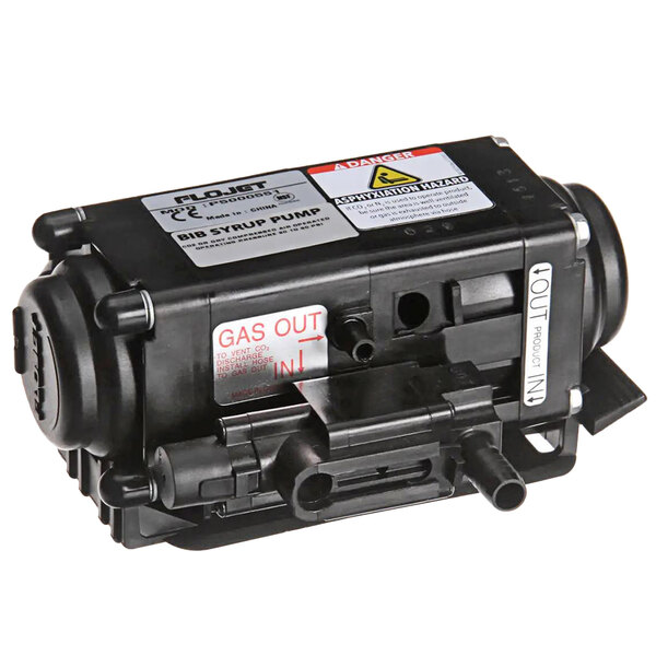 A black Flojet air pump with a label on it and snap bracket.