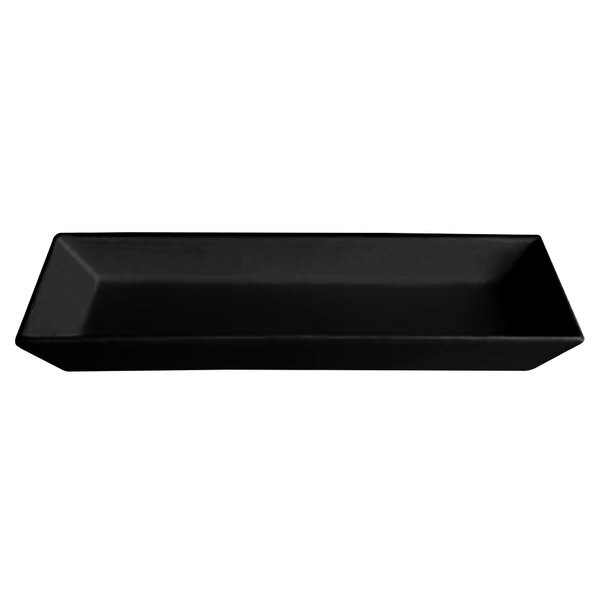 A black rectangular G.E.T. Enterprises Bugambilia metal serving platter with a textured surface.