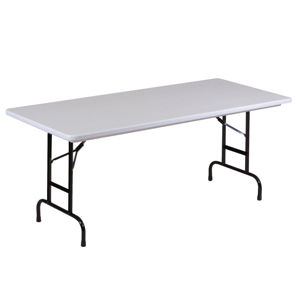 A gray granite Correll rectangular folding table with black legs.