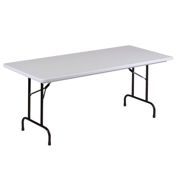 A gray rectangular Correll folding table with black legs.
