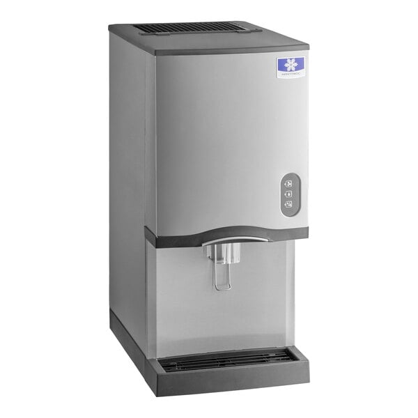 A stainless steel countertop nugget ice maker and dispenser with a lever dispensing system.
