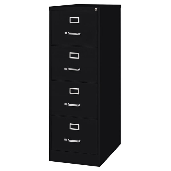 A black Hirsh Industries four-drawer legal file cabinet with silver handles.