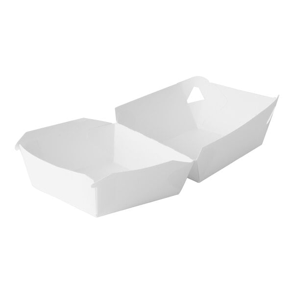 A white microwavable hinged paper take out burger box.